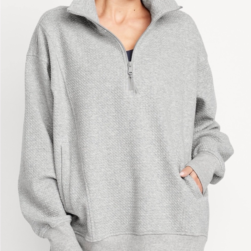 Old Navy Light Gray Textured Quarter-Zip Hoodie